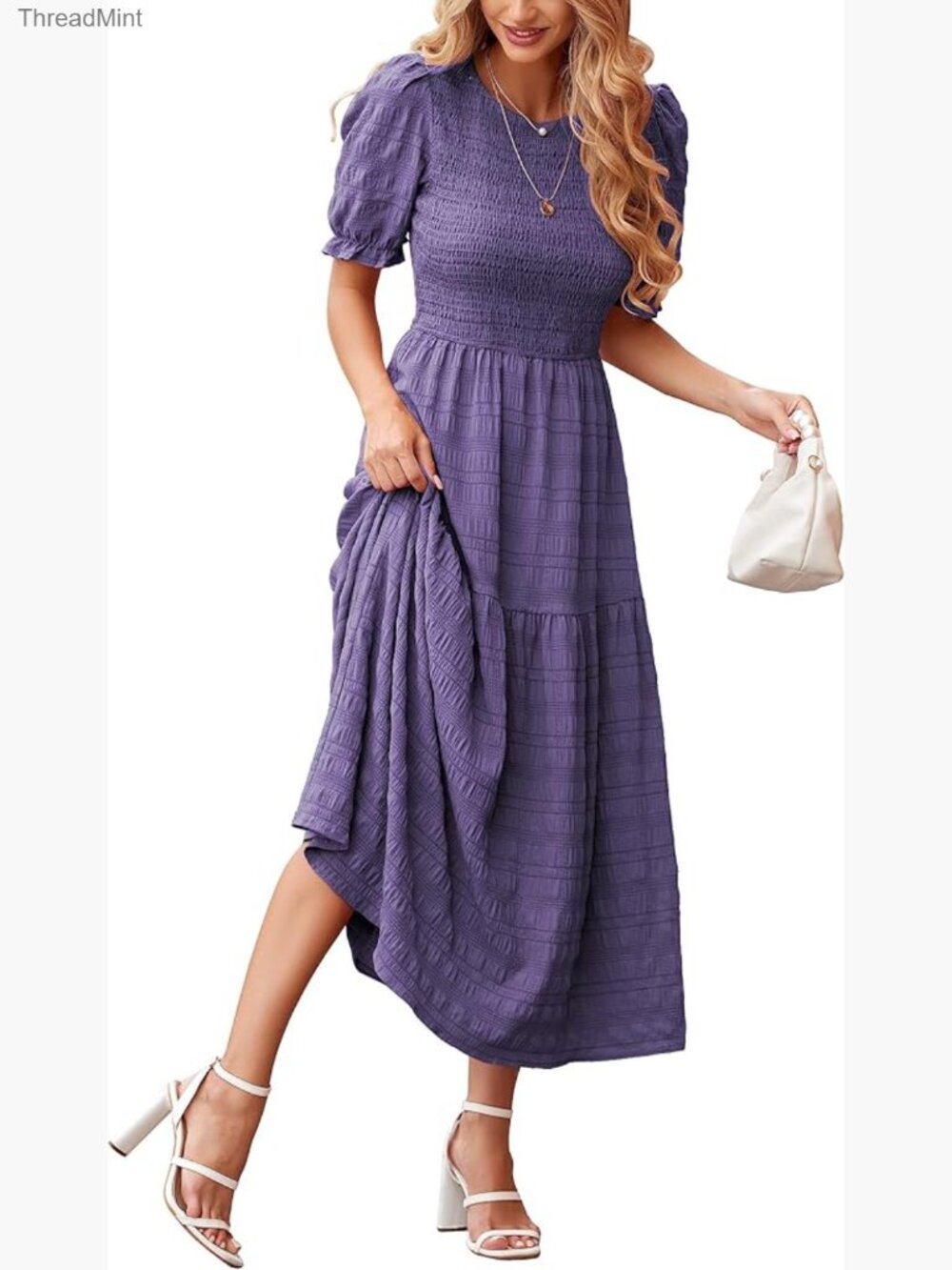 Summer Maxi Dress Puff Sleeve Smocked Bust Flowy Tiered Boho Casual Party